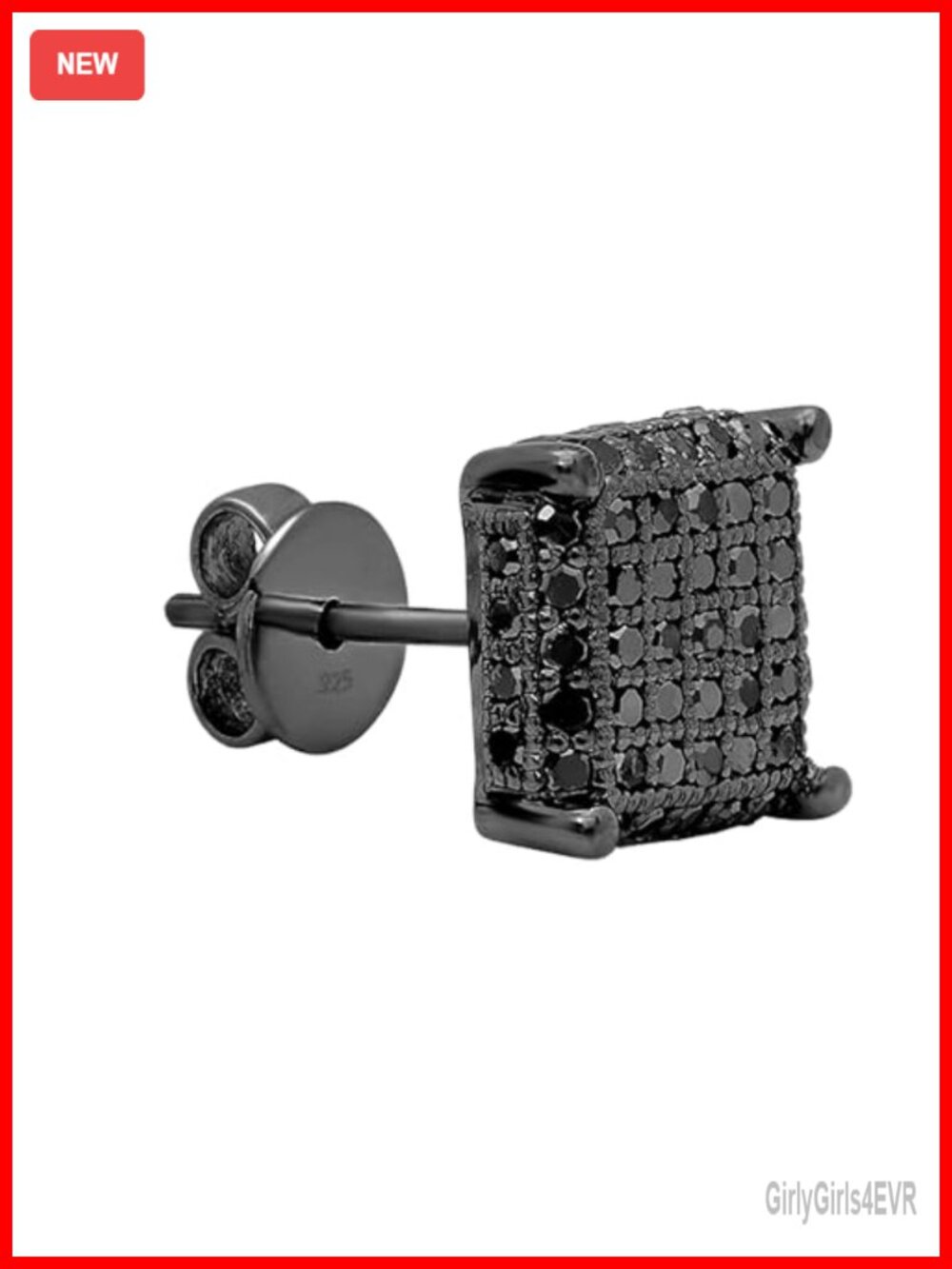 Black Plated Sterling Silver Black Diamond Stud Earring Real Diamond 1Pc